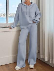 EURMUSE Women Solid Color Drop Shoulder Hooded Pullover & Sweater Pants Set - Baby Blue - View 3
