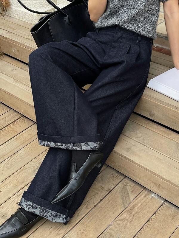 DAZY Women's Pleated Long Casual Straight Leg Jeans Pants