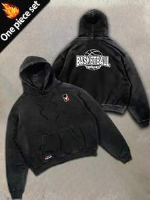 Sport MetroGents 1件男士休闲时尚街头字母篮球印花水洗口袋抽绳卫衣，春秋季 - 黑色 - 查看 1
