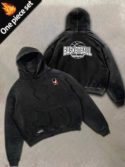 Sport MetroGents 1件男士休闲时尚街头字母篮球印花水洗口袋抽绳卫衣，春秋季