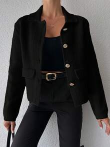 EURMUSE Women Solid Color Button Up Faux Pocket Casual Top, Daily Wear - Black - View 5