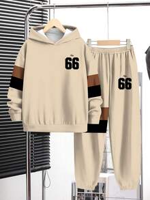 Tween-Jungen 2 Stücke Lässig Classic Farbblock Patchwork, Nummer 66 & König Text Grafik Muster Langarm Kapuzenpullover und Jogginghose Set, bequem für Herbst/Winter