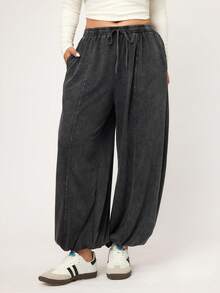 Elaquor Plus Size Casual Drawstring Waist Loose Tapered Pants, Autumn - Black - View 6