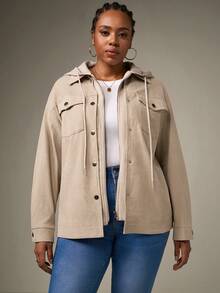 SHEIN Tall CURVE 大码纯色简约休闲连帽长袖夹克 - 灰色 - 查看 3