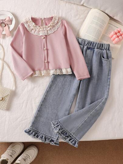 Genkimix Kids Young Girl's Lace Pleated Long Sleeved Top And Denim Jeans Casual Wear, Autumn And Winter