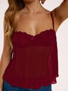 SHEIN BAE Women's Solid Color Lace Patchwork Bow Decor Casual Camisole,Red Tops For Women - Burgundy - View 7
