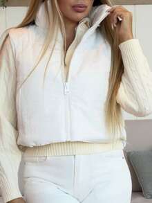 Cioccolato Chaleco acolchado sin mangas con bolsillo con cremallera de unicolor para mujer, para invierno