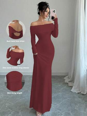 Rafferiza Sexig & Elegant Bodycon Långärmad Twist Back Open Sjöjungfruklänning Stretchig Stickad Klänning, Vit För Dam, Höst/Vinter Maxi Outfit Dam