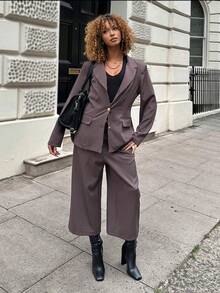 StreetHx 2pcs Women Streetwear Old Money Solid Color Blazer Jacket And 3/4 Shorts Set, Autumn - Mocha Brown - View 2