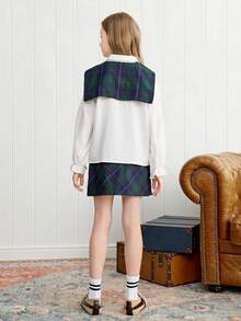 Joliand Joliand 2pcs Tween Girls Elegant College Style Set - White Puff Sleeve Collared Blouse And Green Plaid A-Line Skirt, With Green Plaid Shawl Included. Suitable For Outings, Gatherings, Back To School, Summer And Autumn Preppy Girl Clothes Preppy Tween Girls Sets School Girl Outfit For Women Plaid Skirt Outfit Girls School Uniform Teenage Vintage School Clothes Plaid Skirt Outfits Back To School  School  Clothes School Supplies Backtoschool ColorfulJoy Fall Winter - Multicolor - View 3
