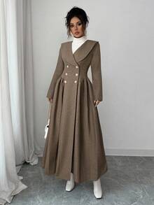 Selianne Elegant & Chic French Style Lapel Long Sleeve Double-Breasted Pearl Button Decor Pleated A-Line Overcoat, Beige - Brown - View 3