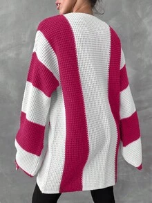 EURMUSE Women's Contrast Color Batwing Sleeve Open Front Cardigan Without Belt - Redwood - View 2