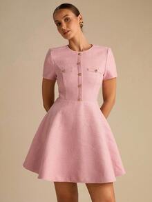 Enchnt Vestido elegante de mujer de unicolor con cuello redondo, manga corta y diseño de botones - Rosa - Ver 6