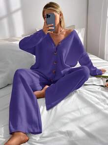 EURMUSE Drop Shoulder Cardigan & Tie Front Knit Pants - Purple - View 6