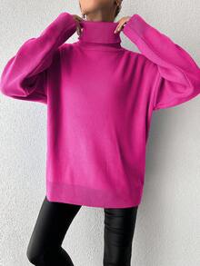 RueChic 女款純色高領羅紋針織毛衣 - 粉色 - 查看 6