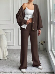 EURMUSE 2 件套女士纯色前排纽扣长袖上衣和裤子针织休闲套装 - 棕色 - 查看 4