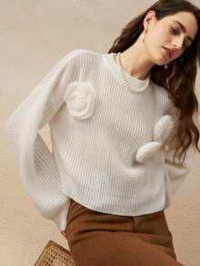INAWLY Suéter de punto de mujer con cuello redondo, hombros caídos, manga larga y decoración floral, de unicolor - Blanco - Ver 1