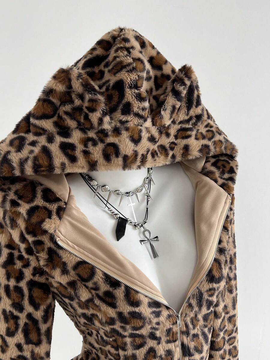 Elamini 1 件卡其色豹纹羊毛 V 领夏尔巴休闲可爱套头衫夹克，适合女士、冬季通勤和日常穿着 - 卡其色 - 查看 1