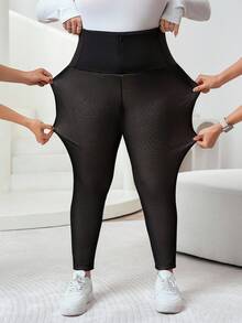 SHEIN CURVE+ Plus Size Waist-Controlled Black Mesh Lining Woolen Tights For Autumn And Winter Halloween - Black - View 4