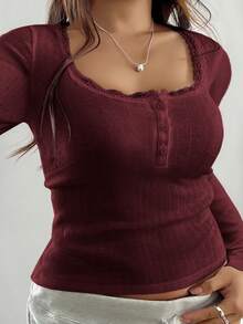 Vibekara Plus Size Women's Sweet Lace Trim Long Sleeve T-Shirt, Slim Fit 3-Button Casual White Tee Tops Summer Maroon Top Wine Red Top Burgundy Top Dark Red Top Lace Undershirt Long Sleeve Lace Long Sleeve Top Burgundy Long Sleeve Top