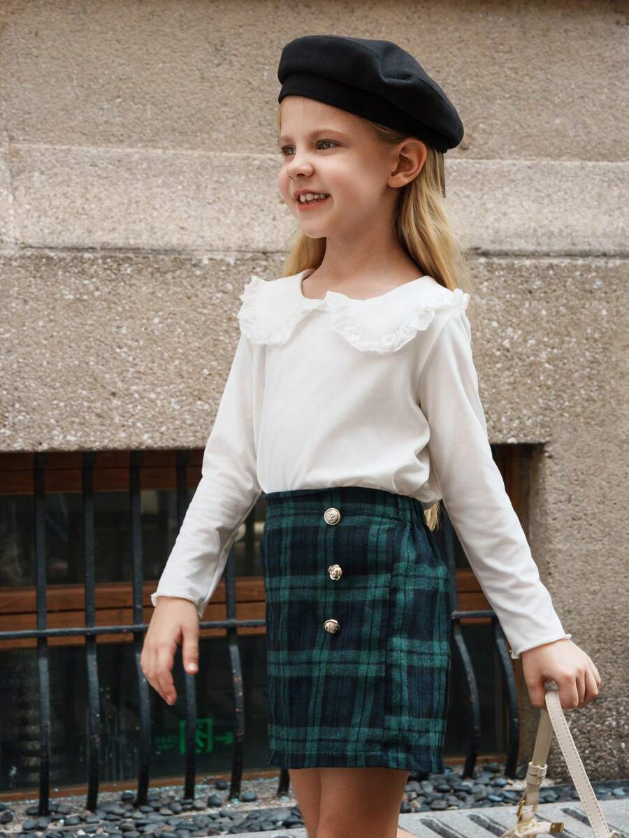 SHEIN Elladie kids 女童格子百褶迷你裙，轻薄透气，夏季款 - 綠色 - 查看 1