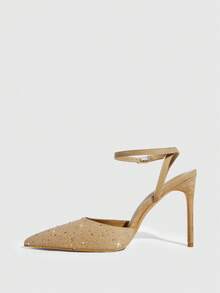 CUCCOO SZL Champagne Satin Color Block Rhinestone Embellished Pointed Toe Stiletto Hollow Out Formal Pumps - Khaki - View 5
