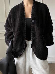 Livesso 女士休闲宽松外套，带保暖内衬，撞色拼接设计，时尚街头风，适合秋冬季节穿着。 - 黑色 - 查看 5