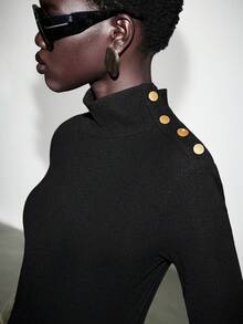 Lumivelle Button Decor Turtleneck Knit Top, Autumn/Winter New Arrival - Black - View 1