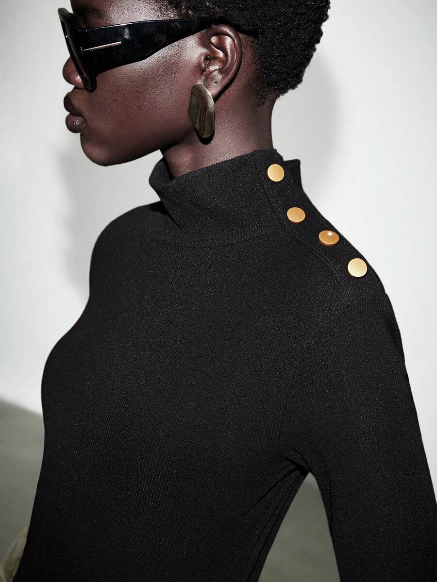 Lumivelle Button Decor Turtleneck Knit Top, Autumn/Winter New Arrival - Black - View 1