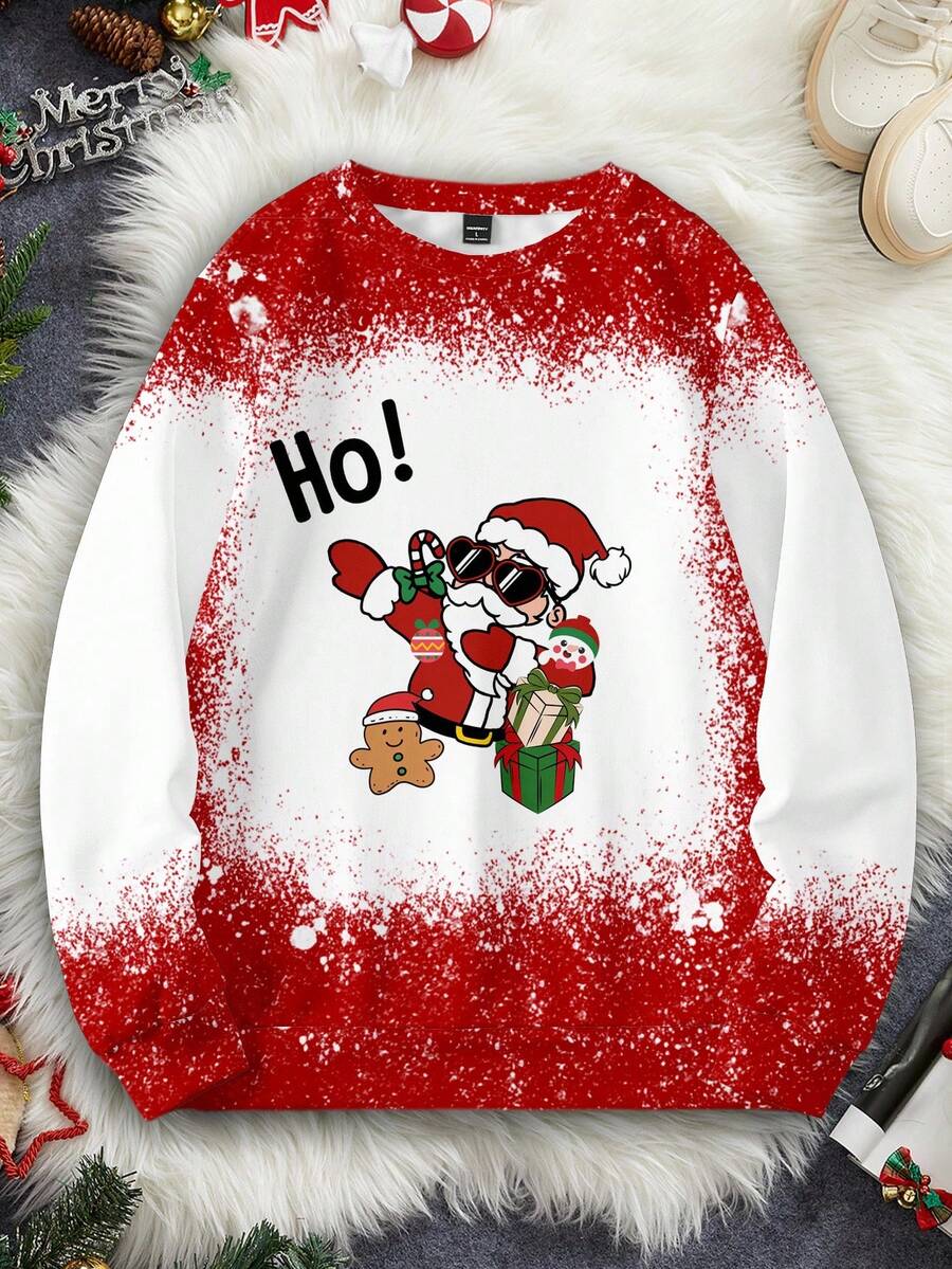 Manfinity Homme Fashionable Casual Mature Christmas Santa Claus Graphic Print Plus Size Pullover Sweatshirt With Thermal Lined For Men - Red and White - View 1