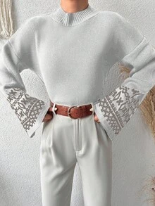 EURMUSE Women's Geometric Pattern Oversized Sweater With Drop Shoulder Design - Beige - View 5