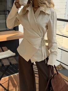 Siren Gaze Women's Casual Solid Color Minimalist Cinched Waist Long Sleeve Shirt, Autumn/Winter Asymmetrical Blouse Women Blouses Elegant  Waist Tie Long Sleeve Shirt