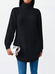 EURMUSE Solid Color High Collar Drop Shoulder Sleeve Sweater - Black - View 6