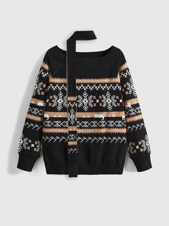 Kawaii Plus Size Avant Garde Vintage Fair Isle Snowflake Christmas Kitty Intarsia Pattern Soft Feminine Cozy Winter Pullover Sweater, Plus Size Autumn/Winter Fair Isle Off Shoulder Tie-Neck Pullover Sweater, Plus Size Women's Autumn/Winter Pullover Sweater Top, Plus Size Vintage Christmas Party Fair Isle Pullover Sweater, Elegant Retro Holiday Party Sweater For Plus Size Women