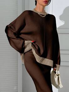 EURMUSE Women Round Neck Drop Shoulder Pullover & Sweater Skirt Set