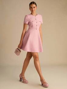 Enchnt Vestido elegante de mujer de unicolor con cuello redondo, manga corta y diseño de botones - Rosa - Ver 4