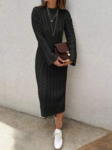 EURMUSE Vestido largo de punto para mujer con diseño de trenzado - Negro - Ver 8