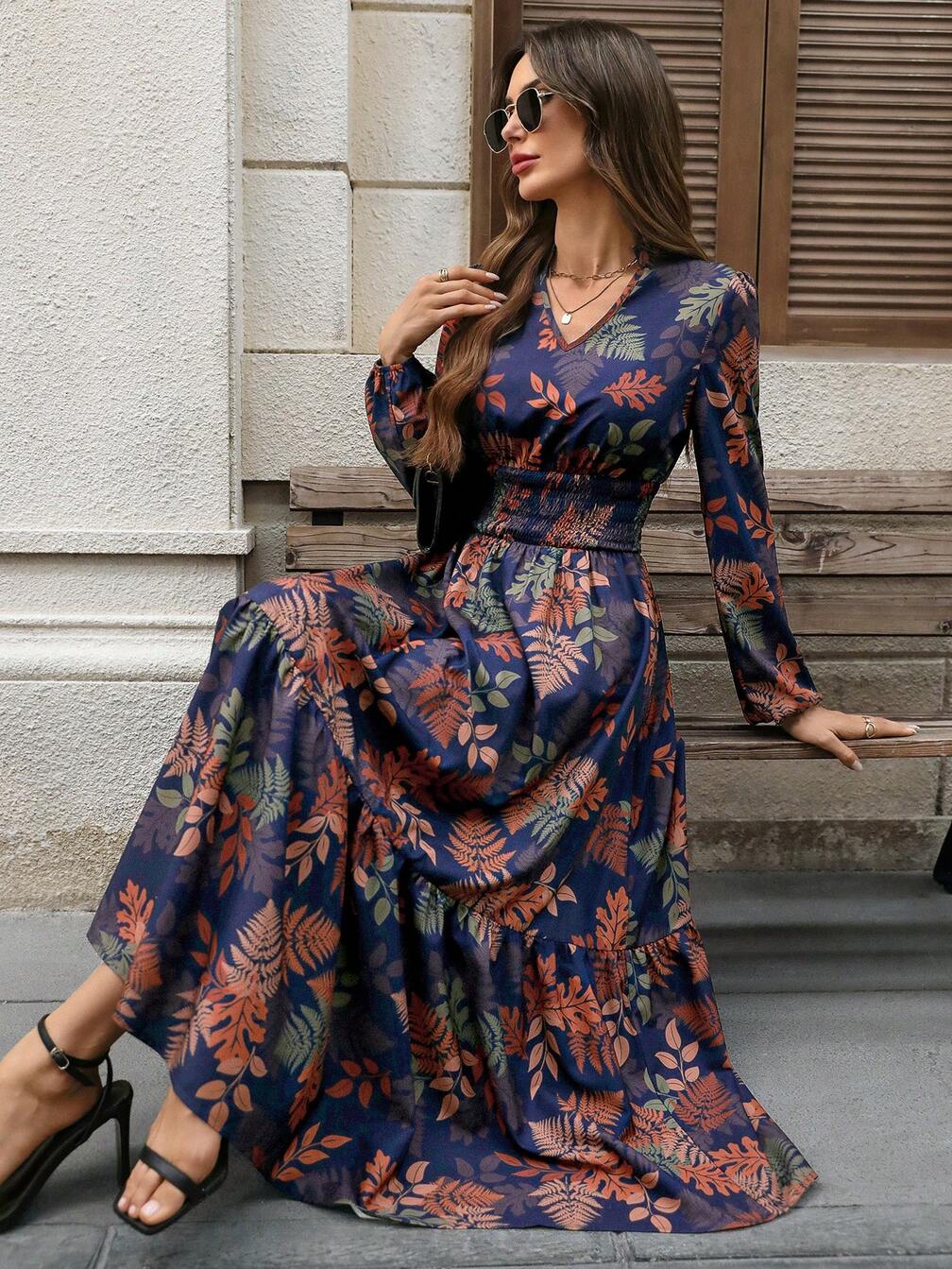 long one piece dress for winter V-neck Waistband Decorated Winter Fashion One-piece Women Dress