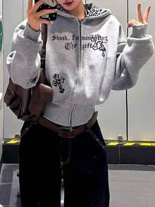 INAWLY 女士宽松豹纹短款卫衣，长袖 - 灰色 - 查看 3