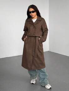 SHEIN EZwear Áo khoác dáng dài hai hàng cúc màu trơn dành cho nữ mùa Thu Đông 2025, kiểu dáng công sở màu nâu, thích hợp cho Giáng sinh và mùa Thu, trang phục Halloween. - Cà phê nâu - Xem 5