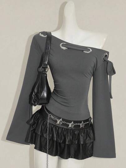 SHEIN ICON Women's Y2K Grey Goth Solid Color Eyelet Twist Design Asymmetrical Shoulder Flare Sleeve Fashionable T-Shirt