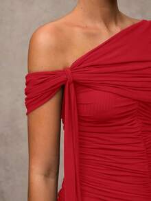 SHEIN BAE 女式纯色褶饰不对称优雅连衣裙 - 紅色 - 查看 8