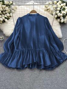 DreamSkyne Plus Size Women's Pearl Beaded Bow Flare Sleeve Blouse - Navy Blue - View 2