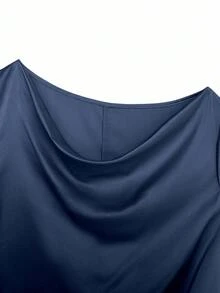 GlowEve CURVE Plus Size Women's Shiny Fabric Long Sleeve Shirt, Versatile For Commuting, Side Pleated Design With Buttons - Navy Blue - View 4