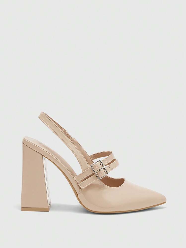 CUCCOO BIZCHIC Shiny Apricot Pointed Toe Chunky Heel Slingback Pumps, Stylish High Heels For Women, Suitable For Commuting, Dating, Party, Wedding For Christmas Spring Shoes