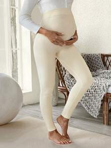 SHEIN Leggings skinny taille haute de couleur unie pour la maternité, le casual et les déplacements quotidiens - Beige - Voir 3
