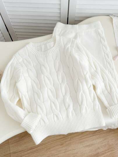 Genkimix Kids Tween Girl Casual Daily Commute Simple Solid Color Cable Knit Sweater And Wide Leg Knit Pants Set, Autumn/Winter