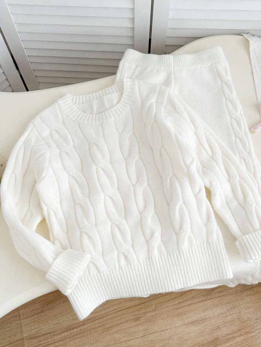 Genkimix Kids Tween Girl Casual Daily Commute Simple Solid Color Cable Knit Sweater And Wide Leg Knit Pants Set, Autumn/Winter - Apricot - View 1
