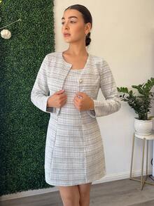 Andrea Bello 2pcs Women's Spring Autumn Elegant Plaid Short Jacket And Sleeveless Dress Set - Black and White - View 6