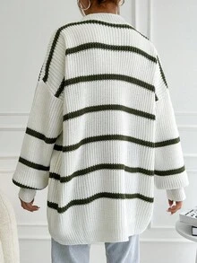 SHEIN Women'S Striped Cardigan With Drop Shoulder - Dark Green - View 2